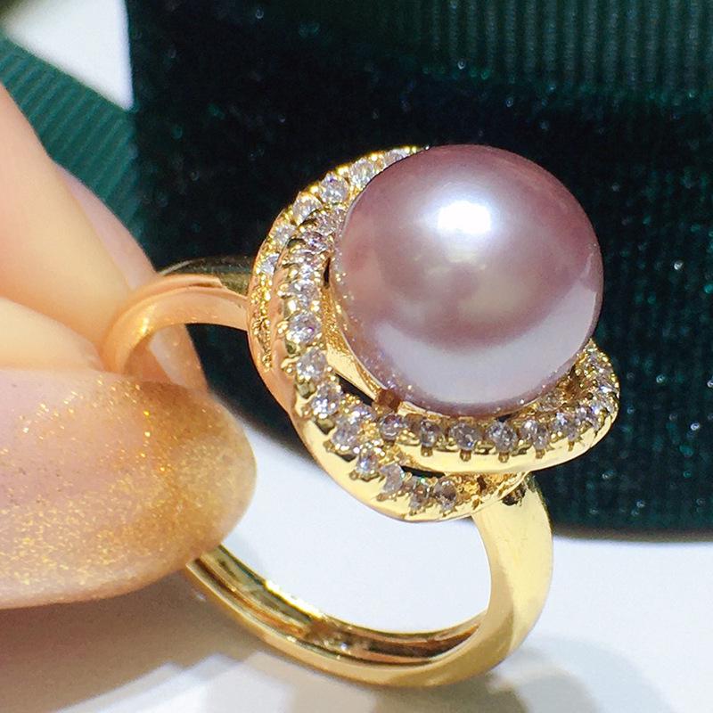 18k Gold-Plated Freshwater Pearl Ring with Zirconia Micro-Inlaid Ornament (9-10mm) Adjustable
