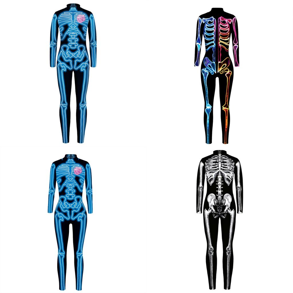 Spooky Skeleton Print Long-sleeved Jumpsuit Halloween Costume For Adults Kids