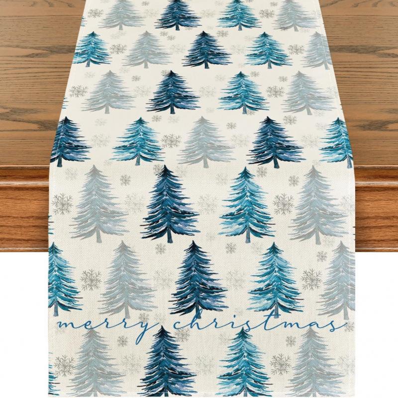 Festive Snowman Christmas Tree Table Runner Home Kitchen Dining Tablecloth for Party Decoration