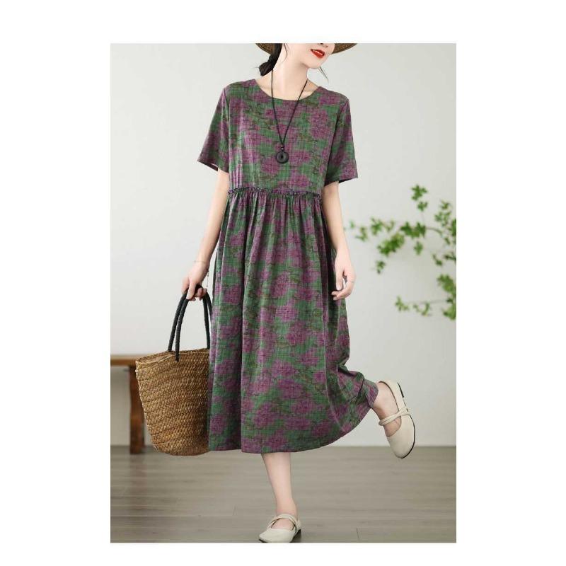Women's Printed Cotton and Linen Short Sleeved Dress, Loose Retro Long Skirt, Summer