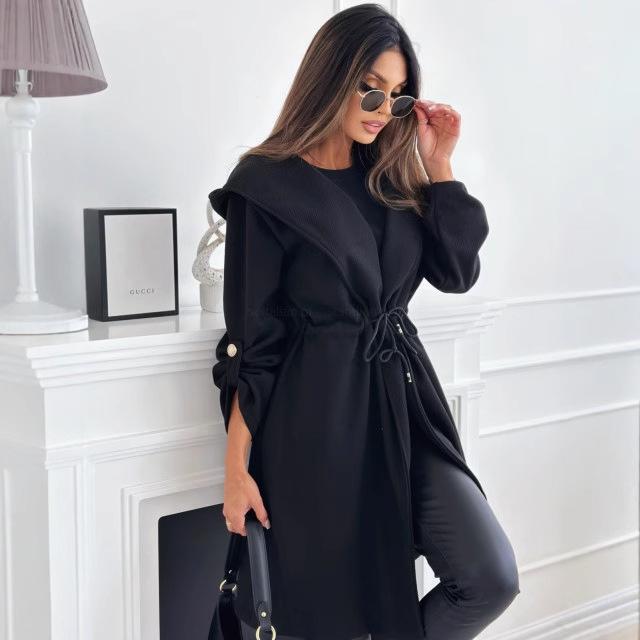 2025 European & American Women's Fashion Lace-Up Hooded Lapel Long Sleeve Coat for Autumn & Winter