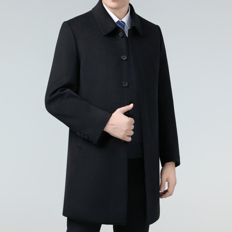 

Двустороннее кашемировое пальто для мужчин среднего возраста, утолщенная пуховая подкладка, длинное пальто до колена, шерстяной верх из папиной шерсти 195