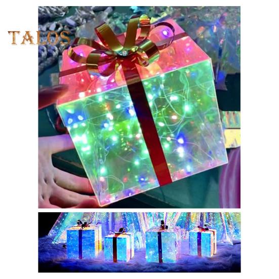 Christmas Gift Box with Copper Wire Lamp Flower Ribbon Decor Transparent Battery-operated or USB Charging Glitter Effect Night Light Home Party Decor
