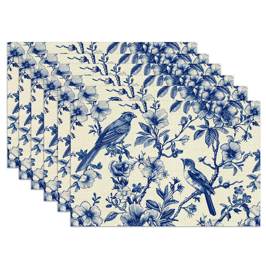 Spring Blue Leaves Placemats Set of 6,12x18 Inch Eucalyptus Leaves Linen Place Mat Washable Stain Resistant Table Mats