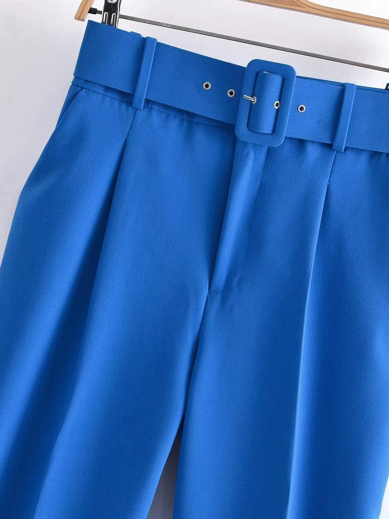 European Style Women's Slim-Fit High-Waisted Yellow Cropped Pants with Waist Belt - Model A8GS317