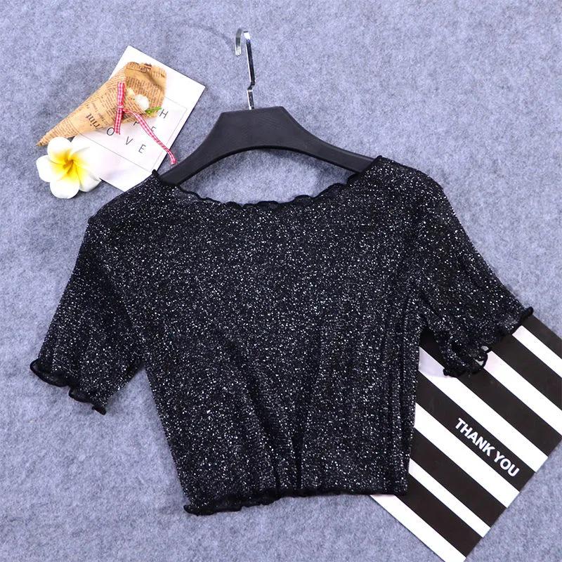 

Women s 2025 Lurex Mesh Short Sleeve Crop Top One Size чорний
