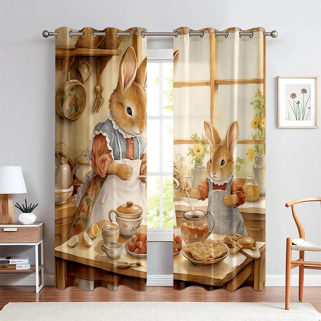 2PCS Cute Bunny Pattern Printed Curtains, Animated Cartoon Easter, Kids Room Rod Pocket Decoration Curtains, Holiday Gifts