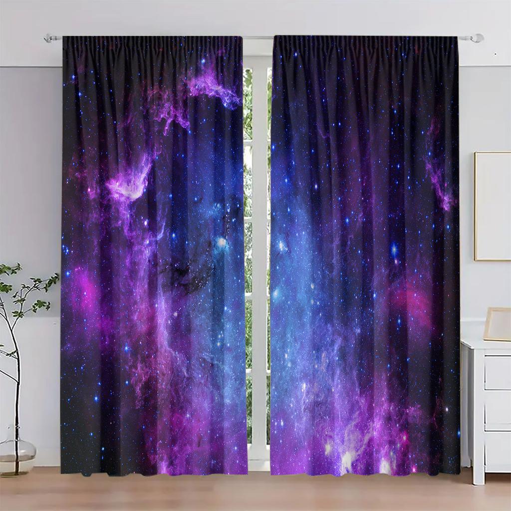 2pcs Blue Purple Galaxy Fantasy Universe Starry Sky Star Printing Window Curtain for Bedroom, Living Room, Kitchen, Dining Room