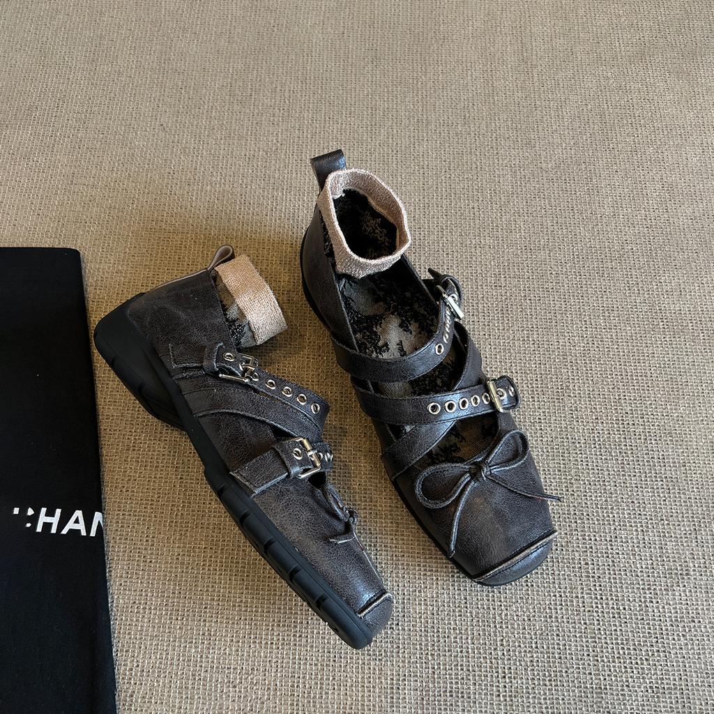 Super Soft Leather Bow Square Head Shallow Mouth Ballet Single Shoes Women's 2025 Summer French Retro Cross Buckle Belt Mary Jane Shoes