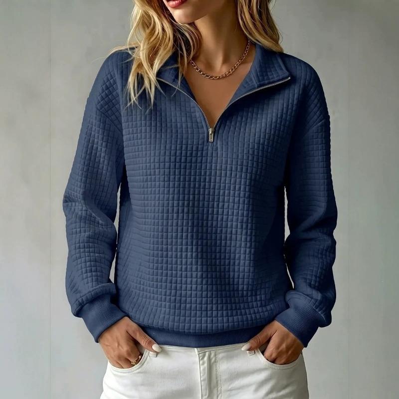 Women S Loose Fit Waffle Solid Color Stand Collar Zip Up Long Sleeve Sweatshirt