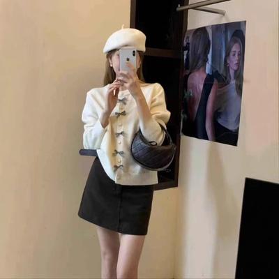 Bow Button Design Soft Waxy Sweater Cardigan Spring New Knitted Long-sleeved Crew Neck Top
