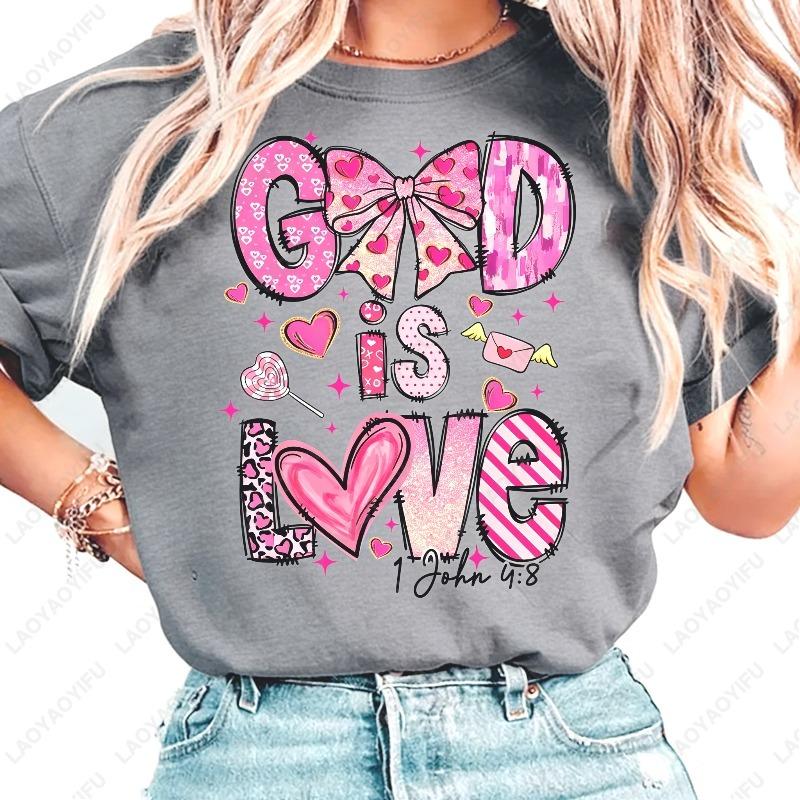 

God Is Love Jesus Christ Cotton Shirt Cute Style Pink Bow Oneck Printed Tops Lovers Clothes Women Valentines Day Kawaii Gift 4XL