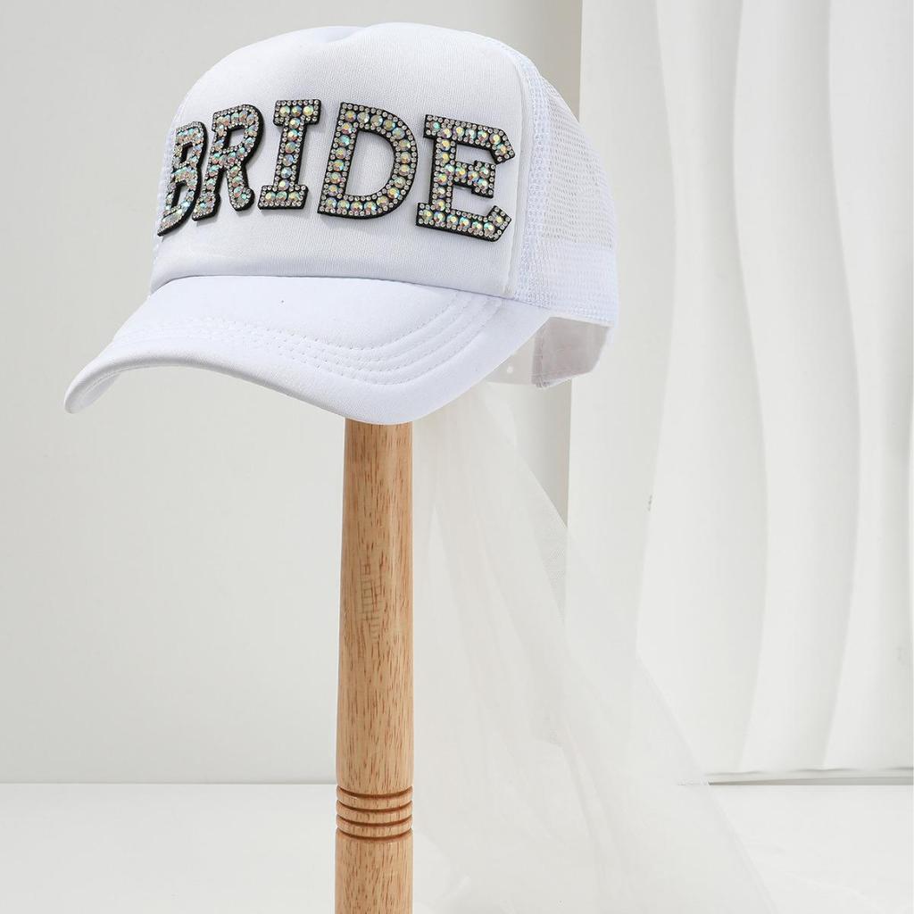 Unisex Casual Hat with Pearl Letters, Mesh & Bridal Veil for a Chic Engagement Party