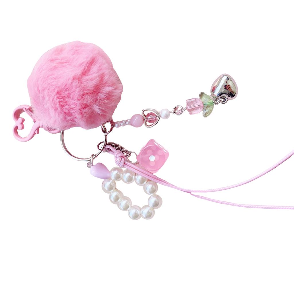Stylish Pearls and Furry Sphere Pendant Multipurpose Pearls Sphere Key Rings Soft Car Key Chain Charm for Fashion Lovers