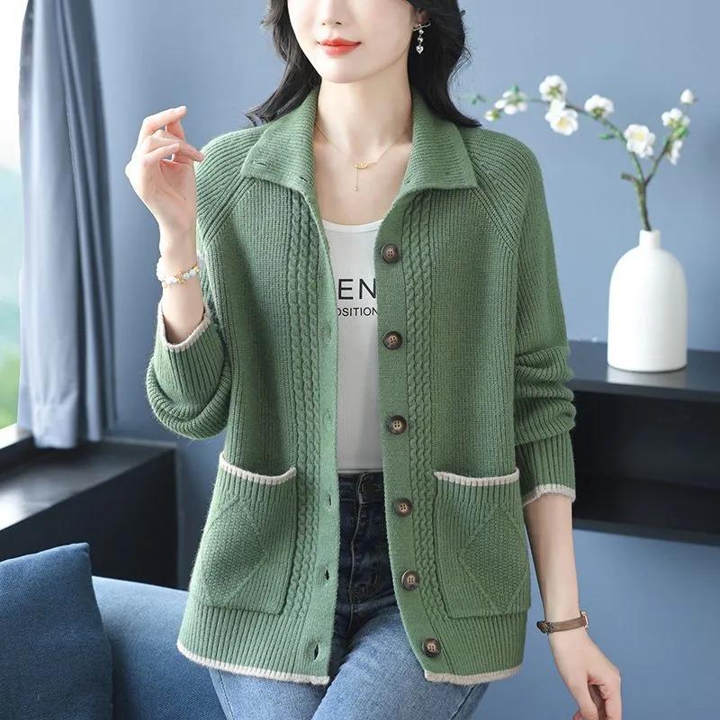 Cardigan de damă de toamnă și iarnă, culoare uni, cu revere cu nasturi, la modă, cu buzunar, casual, elegant, top