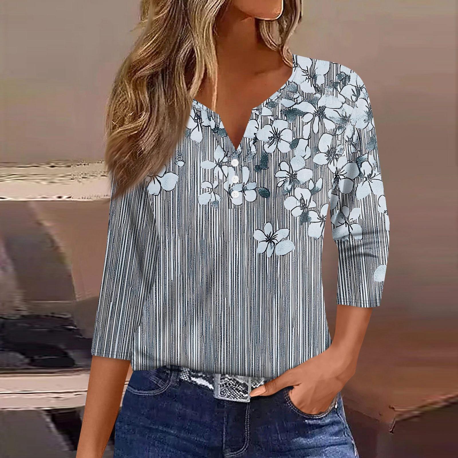 

Женская футболка с принтом на пуговицах, рукав 3/4, туника, повседневная мода на выходные, базовый топ с V-образным вырезом XXL