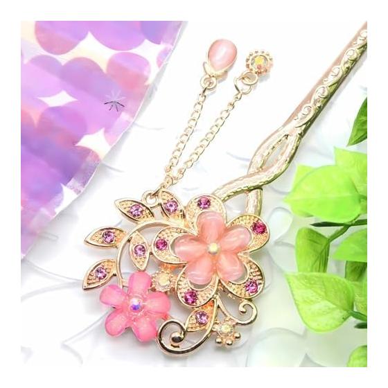 Miaomyao Hair Stick Kanzashi for Kimono and Yukata, Metal Cherry Blossom Flower with Pink Crystal, Rose Gold Hair Accessory, Transparent Design,