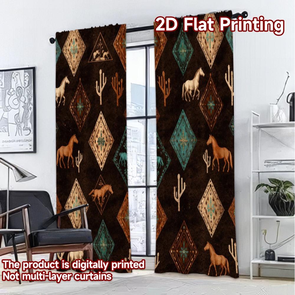 2D FLAT PRINTING 2pcs Curtains (Without Rod) Desert Horses and Cacti Chic Light Filtering Curtains Polyester Easy Install