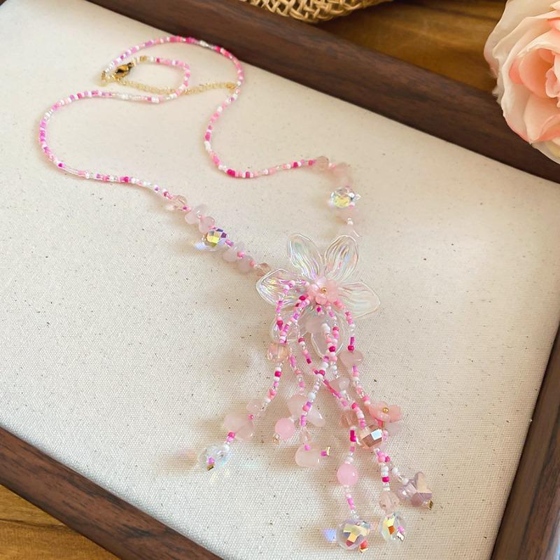 Silver Needle Resin Flower Crystal Beaded Stud Earrings Necklace Set Super Fairy Sweet Jewelry