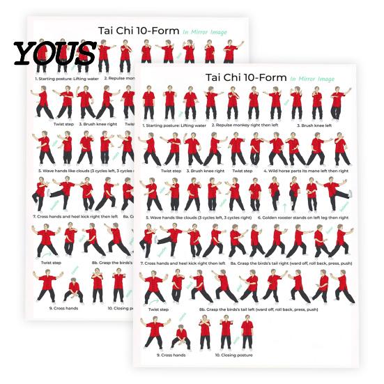 Tai Chi Practice At Home 2Pcs Exercise Chart, 10 Form Mirror Image Poster, Move Easy To Learn Guide for Beginners Seniors, Training Reference Wall Art 2pcs