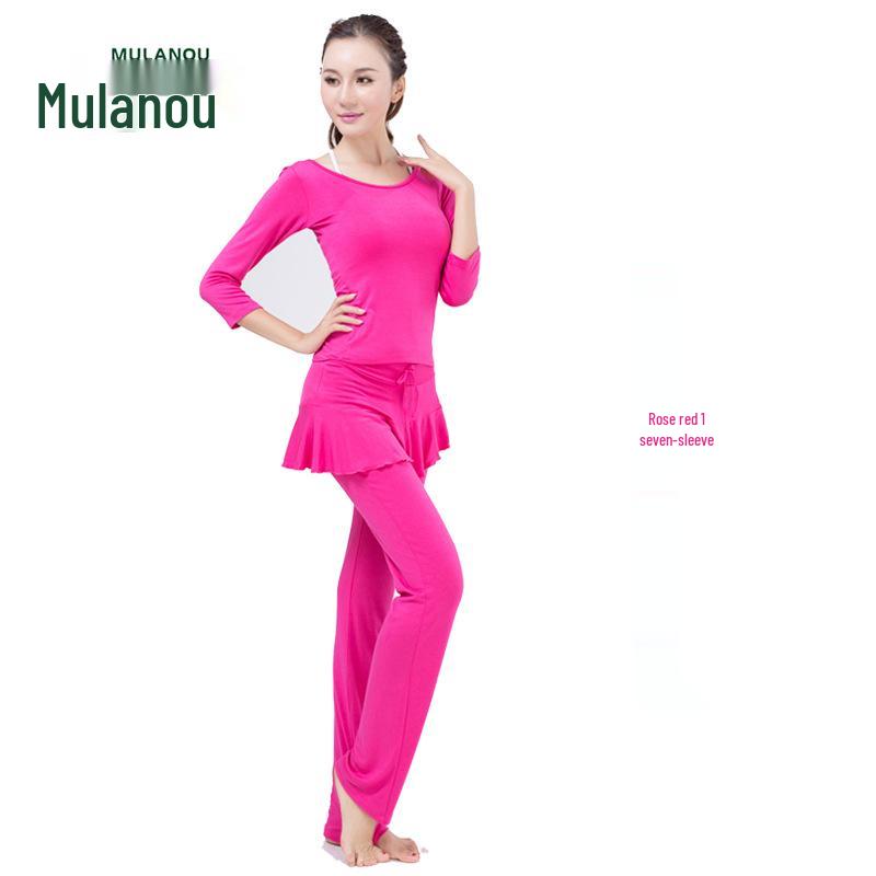 Women's Modal Yoga Set: Short Sleeve Top & Ruffle Hem Skirt with Chest Pad.