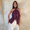Purple Halter Mesh Ruffled Off Shoulder Sleeveless Sexy Women Casual Top