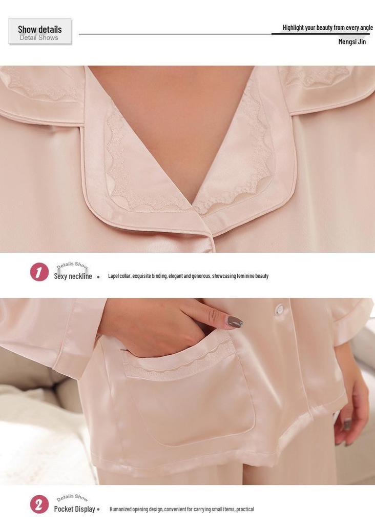 Spring-Summer Silk Couple's Pajama Set: Embroidered Long Sleeve Top & Pants for Men & Women