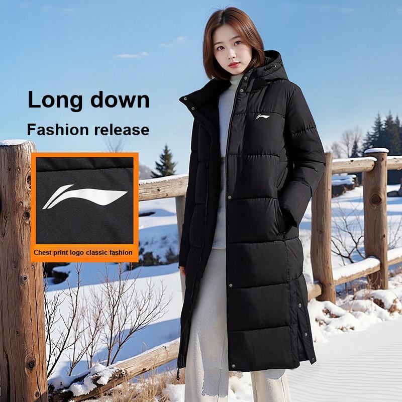 Li Ning Logo Print Windbreaker Long Loose Zipper Down Jacket Women Outerwear Black AYMU708-1