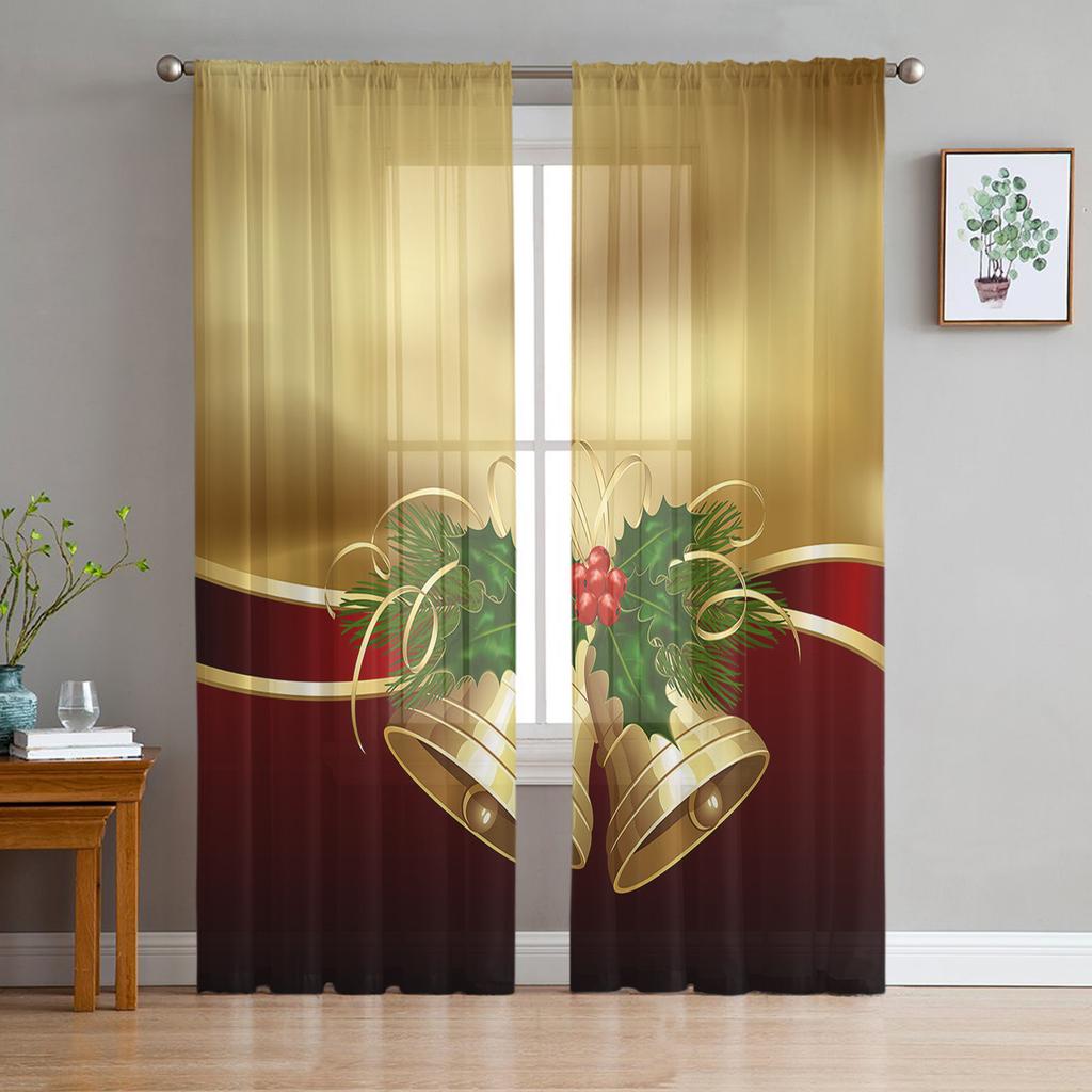 Christmas Bells Letters Bow Ribbon Tulle Sheer Window Curtains for Living Room Bedroom Christmas Decor Voile Curtains Drapes