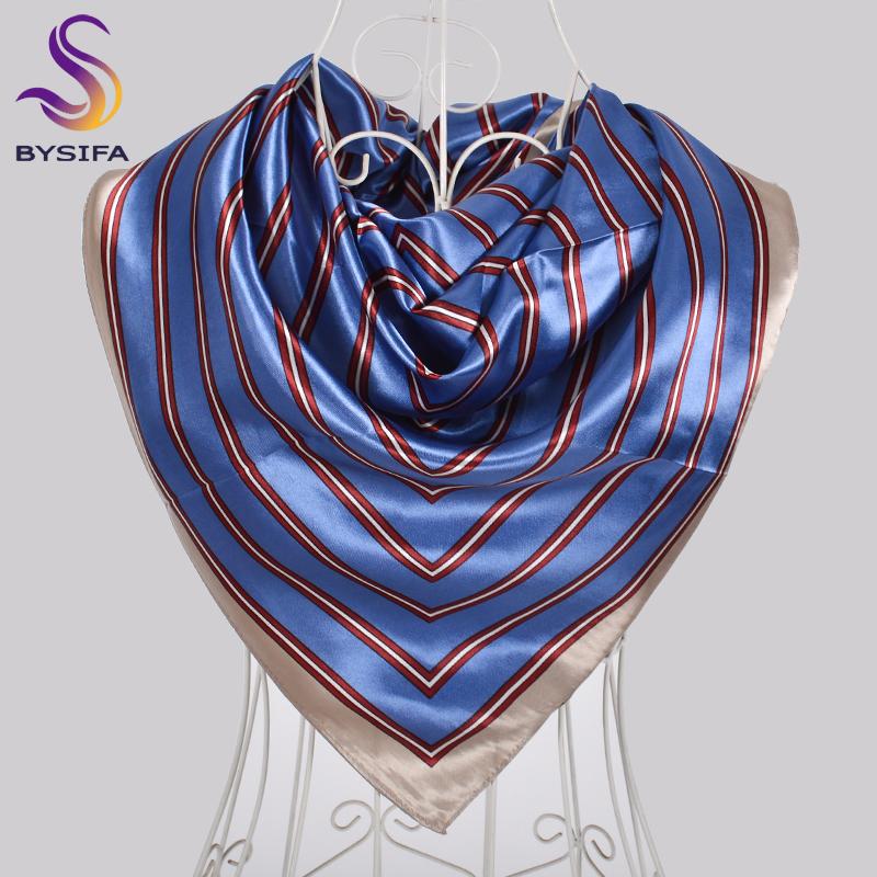 [BYSIFA] New Khaki White Stirped Square Scarves Hijabs Fashion Fall Winter Women Satin Silk Scarf Shawl Muslim Neck Scarf Cape