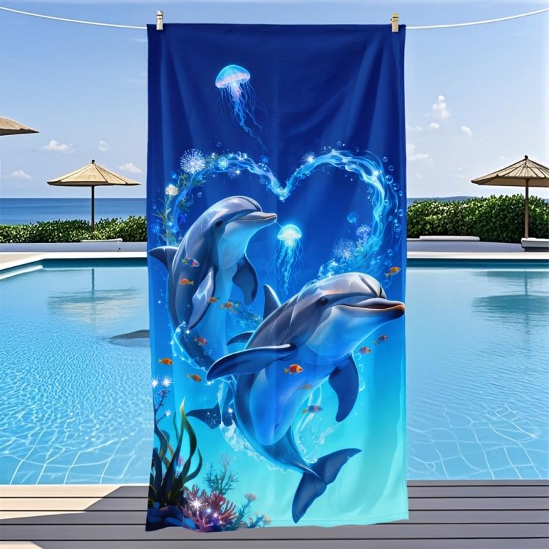 Underwater Dolphin Heart Style Deep Blue Gradient Twin Dolphin Heart Water Bubble Coral Print Quick Dry Beach Towel