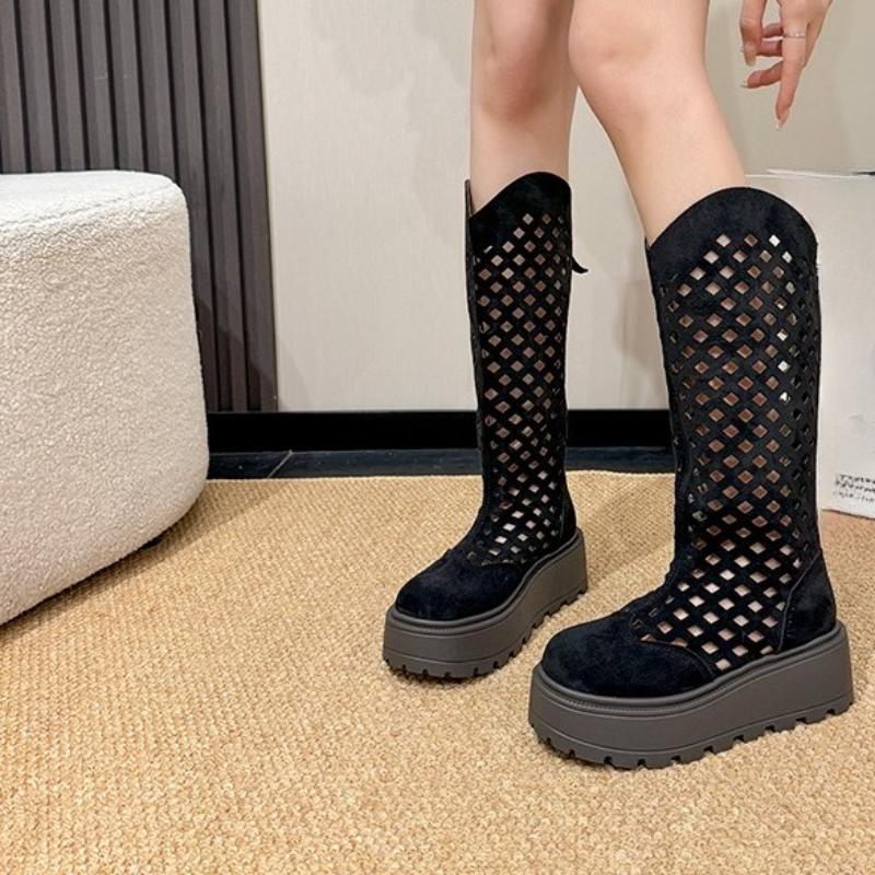 Fashion Women's High Boots Round Head Flannelette Mesh Back Zipper Waterproof Platform Anti-slip and Wear-resistant Mid-heels