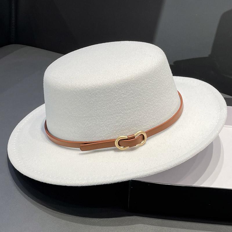 British Retro Flat-top Woolen Top Hat Women's Spring and Autumn Elegant Wide-brimmed White Jazz Hat Versatile Flat-brimmed Hat Men