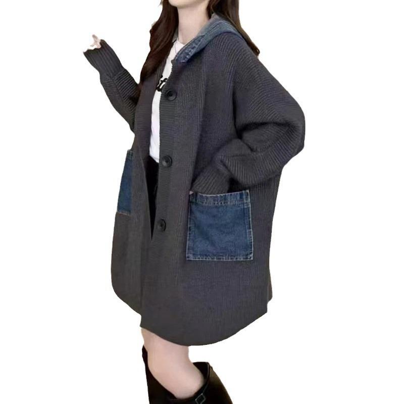 Women S Loose Hooded Long Casual Knit Cardigan Spliced Sweater