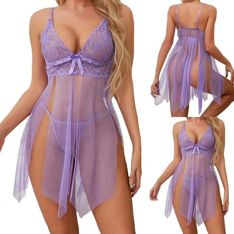 Purple Lace Mesh Babydoll Perspective Sexy Lingerie Women Erotic Nightdress Bowknot Sling Dress with Panties Underwear