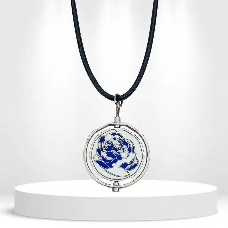 Anime Rotatable Blue Rose Pendant Necklace Lovers Friends Wearing Chain Jewerly Accessory