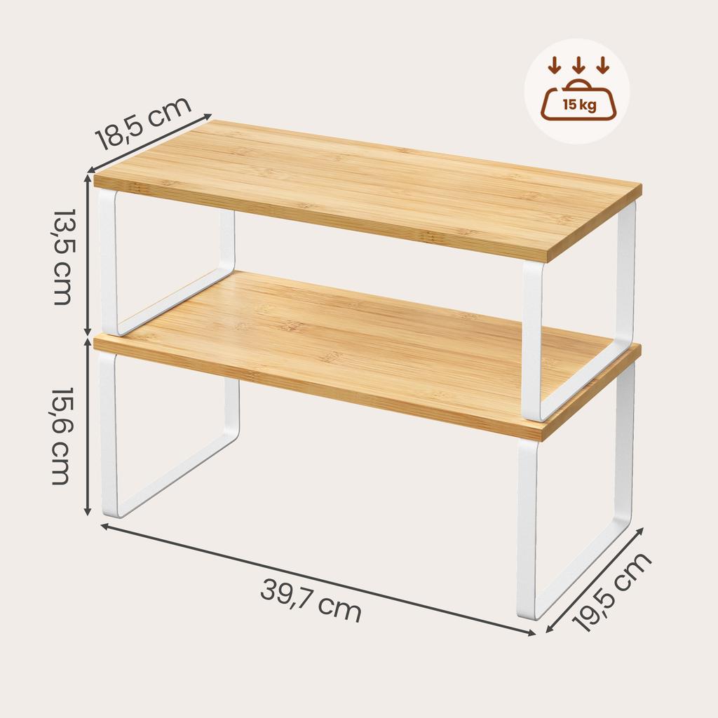 SONGMICS Spice Rack, Set of 2 Cupboard Shelf Organisers, Expandable Kitchen Shelf Organiser, Stackable Spice Holder, Metal and Engineered Wood