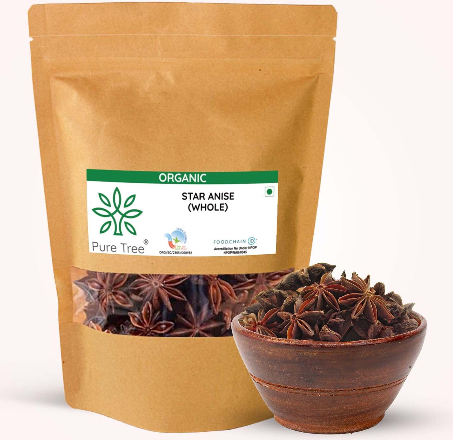 Pure Tree Certified Organic Star Anise Whole | 100 g | Chakri Phool, Badian Spice | Aromatic Khada Masala for Cooking, Baking, Chai, Herbal Teas