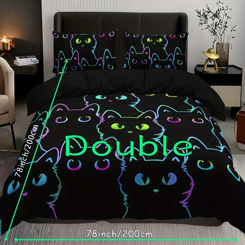Vibrant Cat Cartoon Print Bedding Set Breathable Polyester Duvet Cover Machine Washable All-Season Comfort for Bedroom