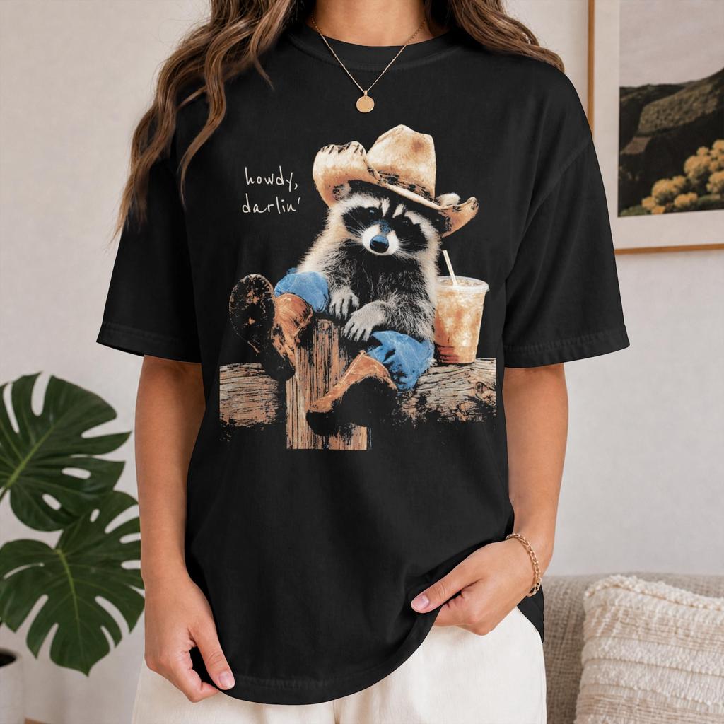 Howdy Darlin Shirt, Cowboy Raccoon T-Shirt, Comfort Colors Tee, Funny Trash Panda Shirt, Western Graphic Tshirt, Southern Country Gift