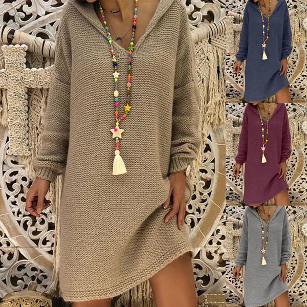 

Осень Зима Женщины Длинный рукав V-образный вырез ТрикотажНый свитер с капюшоном Платье Плюс Размер