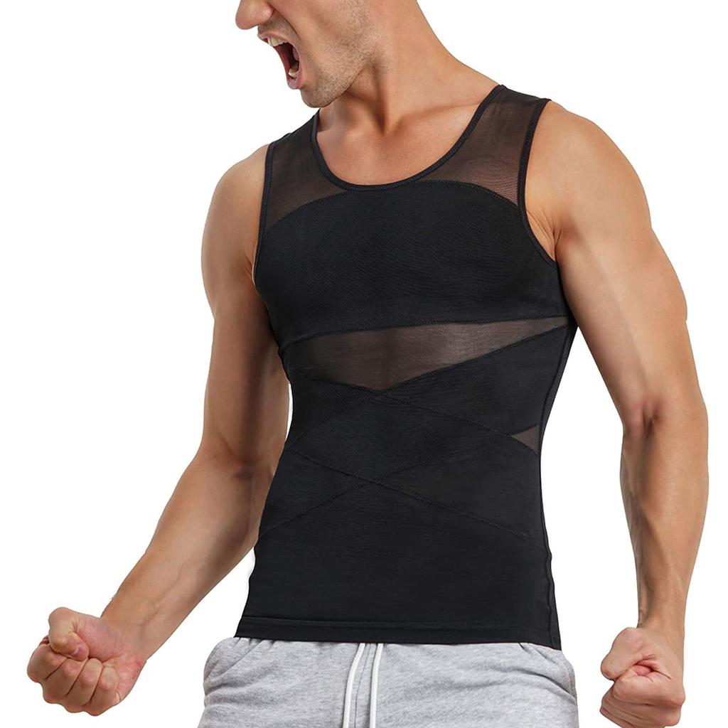 Men Body Shaper Slimming Vest Soft Elastic Skin Friendly Breathable Men Compression Shirt Vest for Sports Fitness Black