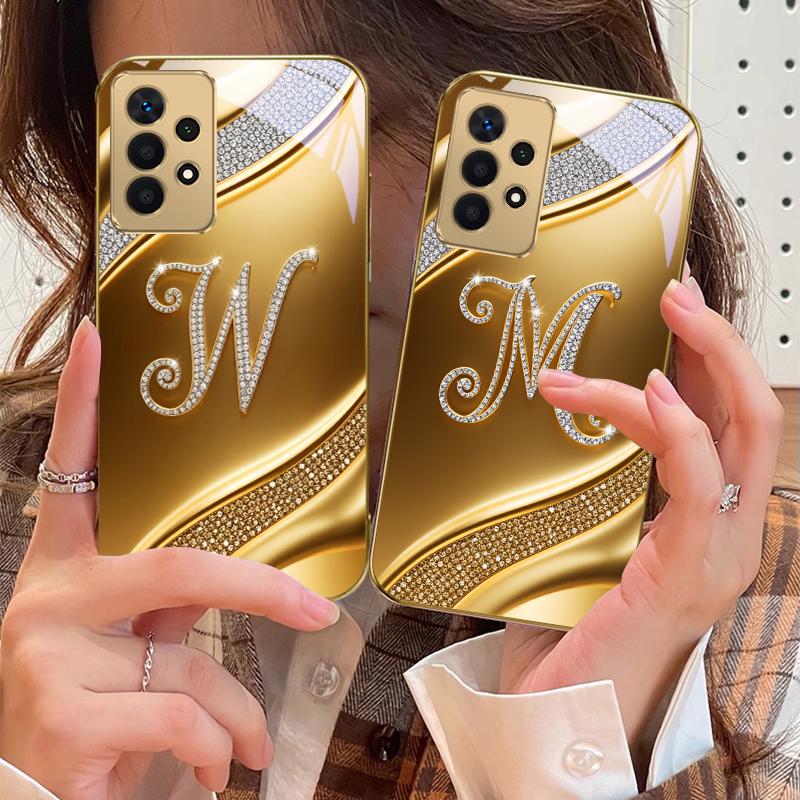Gorgeous Letters "M W" For Samsung A73 A72 A71 A42 A56 A55 A54 A53 A52s A52 A51 A36 A35 A34 A33 A32 A16 Golden Glass Phone Case
