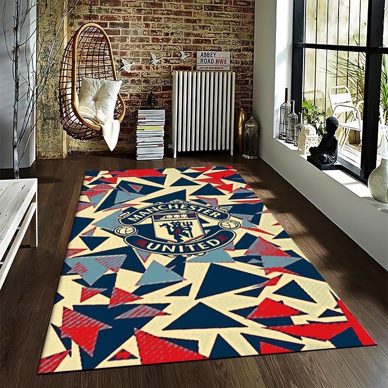 Manchester United Logo Carpet with Geometric Red and Blue Pattern Suitable for use as an anti-slip for living room bedroom sofas