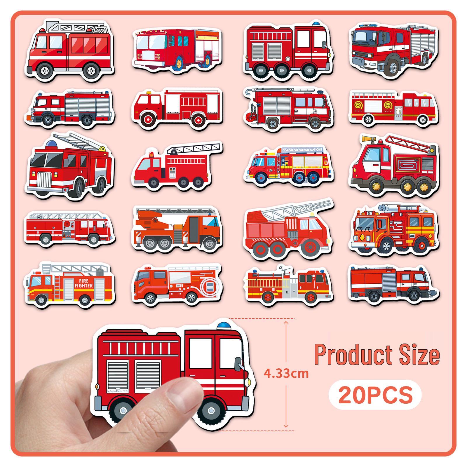 20pcs Fire Truck Soft Magnetic Refrigerator Magnets: Cartoon Vehicle DIY Waterproof Stickers 5.5-8.5cm