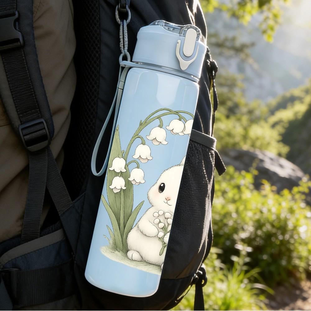 1PC White Lily And Cute Rabbit 750ml Color Plastic Sports Water Bottle Leakproof Flip Straw Lid Suitable for Sports Office Home Use