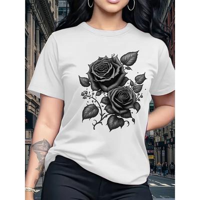 Damen Rundhals Kurzarm T-Shirt Gelb Rosenprint Lässig Frühling Sommer Mode Top