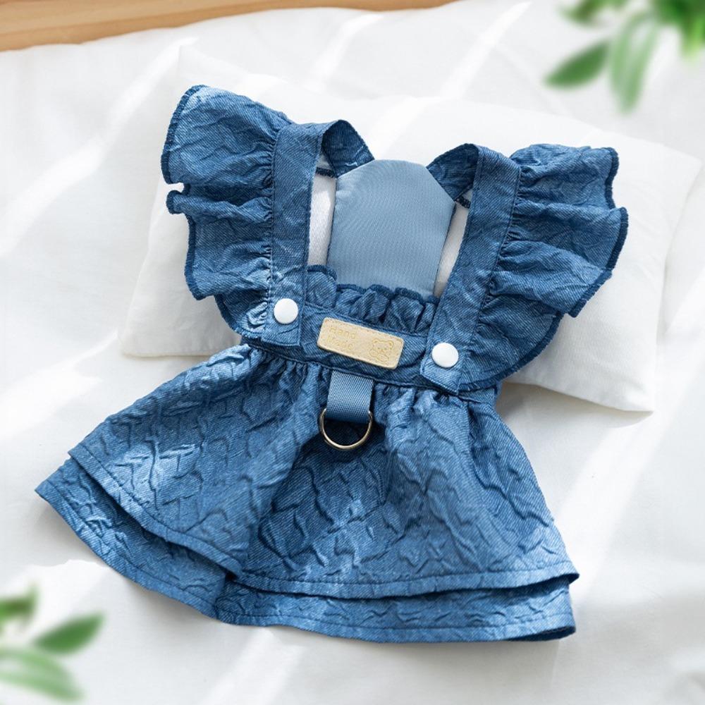 New Denim Dog Dresses Blue Color Flying Sleeves Puppy Girl Clothes with Leash Ring Cute Small Dog Apparel for Chihuahua