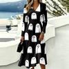 Women's Halloween Printed V-Neck Long Sleeve Dress with Pockets