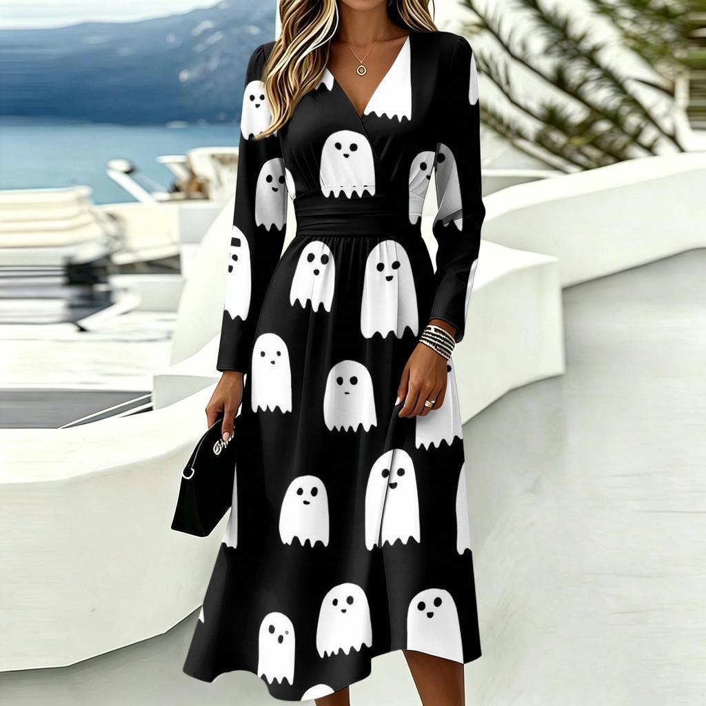 Women's Halloween Printed V-Neck Long Sleeve Dress with Pockets